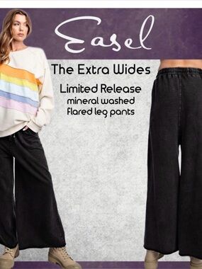 EASEL "Extra Wides" Mineral Washed Cotton Wide Flared Leg Pants, Pockets Raw Hem